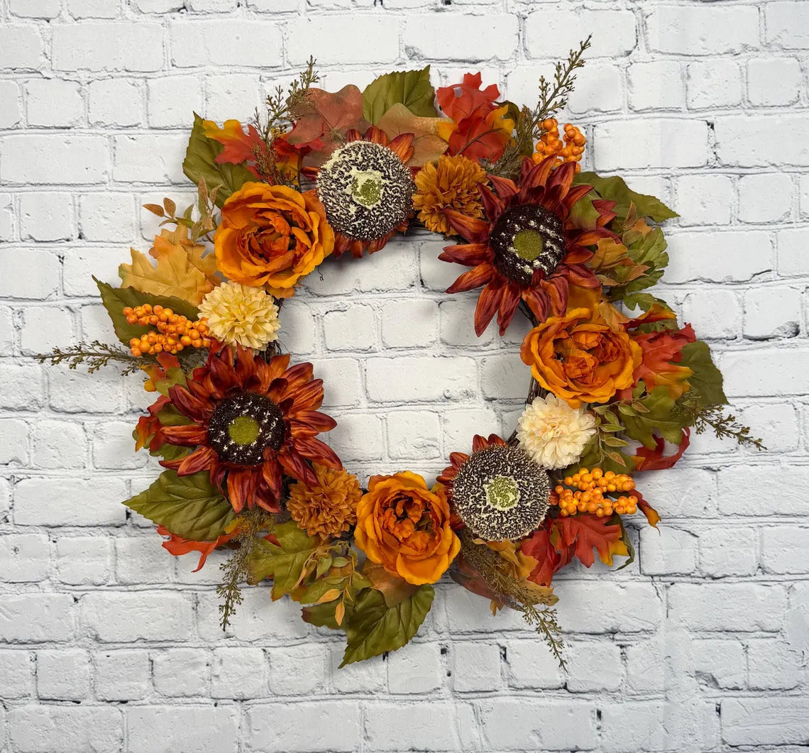 Burnt Orange Rose Fall Wreath | Orange, Rust & Olive Green