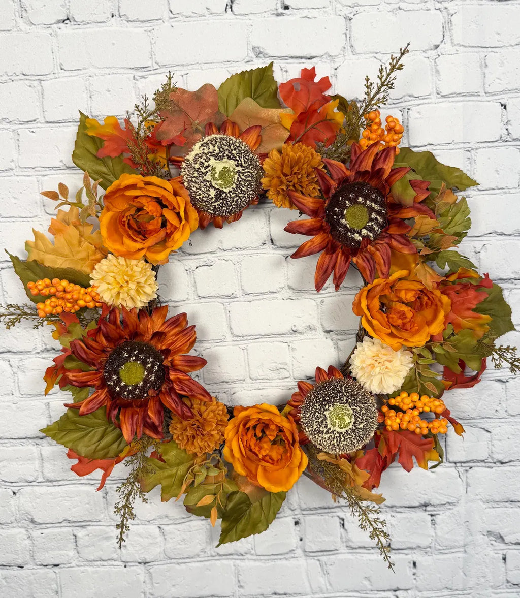 Burnt Orange Rose Fall Wreath | Orange, Rust & Olive Green