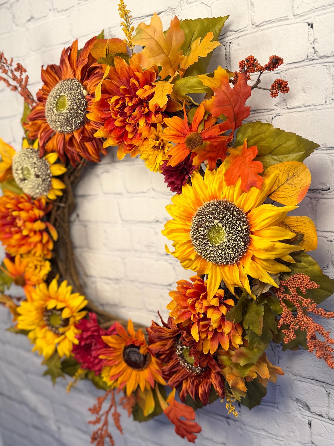 Sunflower Fall Floral Wreath | Orange, Yellow & Burgundy | 27" Round