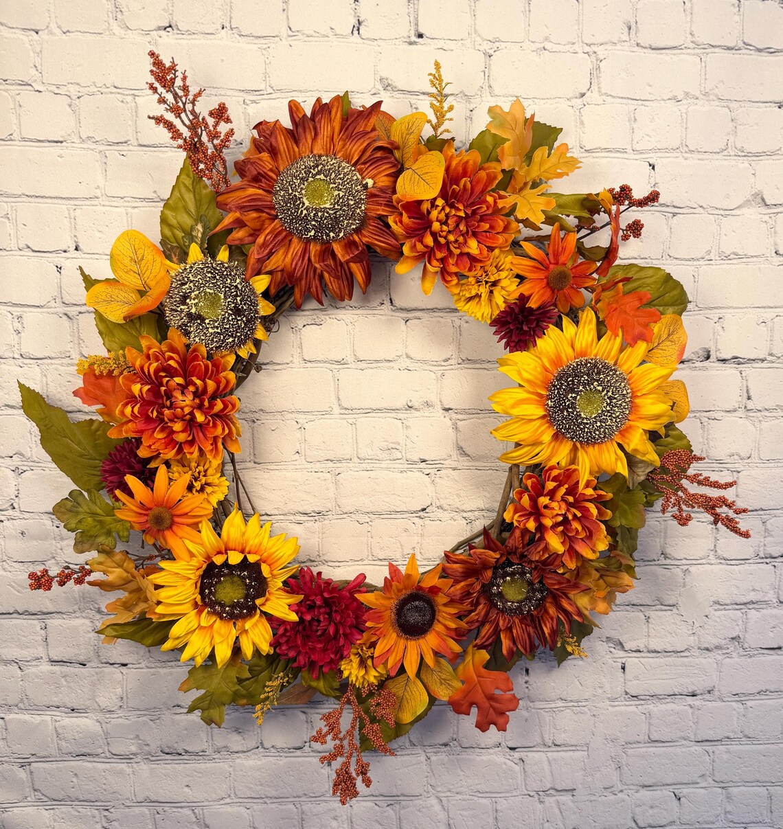 Sunflower Fall Floral Wreath | Orange, Yellow & Burgundy | 27" Round
