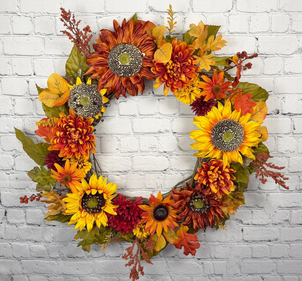 Sunflower Fall Floral Wreath | Orange, Yellow & Burgundy | 27" Round