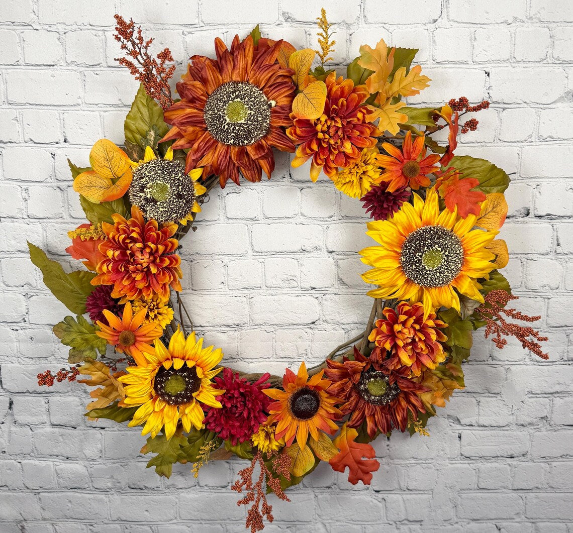 Sunflower Fall Floral Wreath | Orange, Yellow & Burgundy | 27" Round