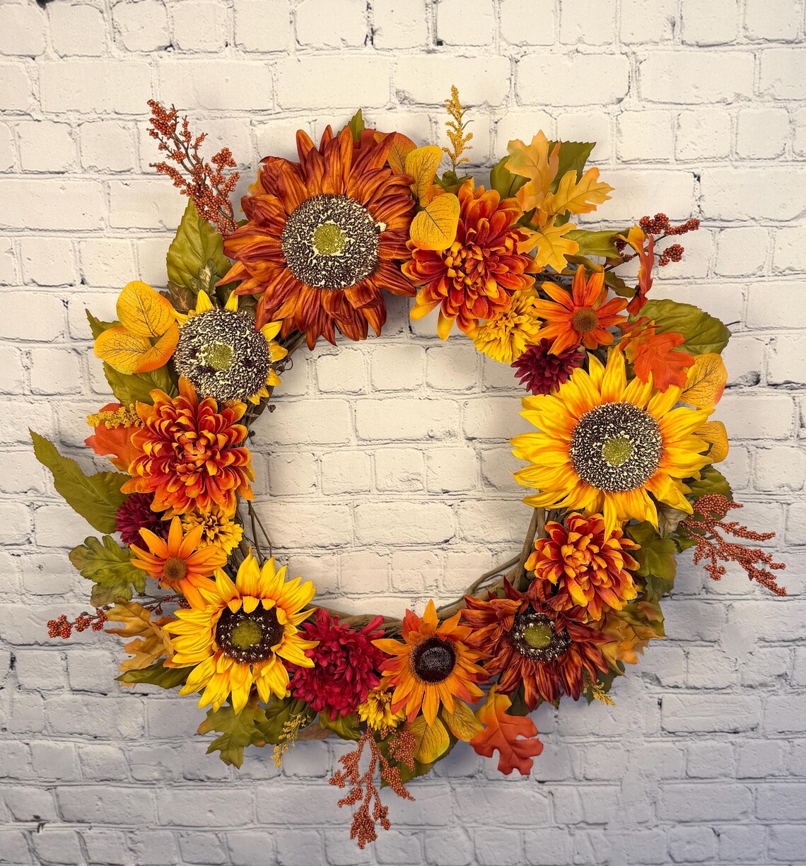 Sunflower Fall Floral Wreath | Orange, Yellow & Burgundy | 27" Round