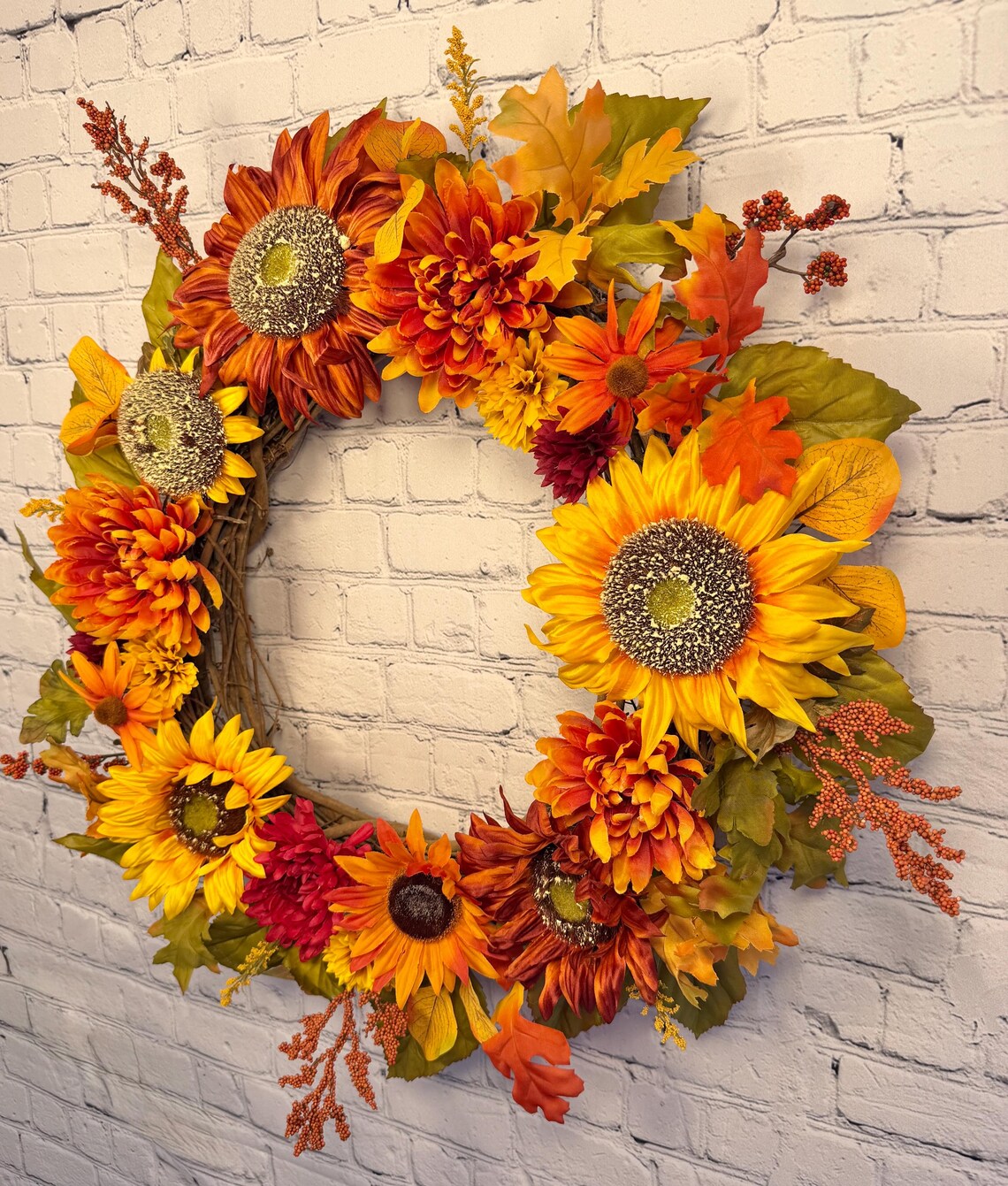 Sunflower Fall Floral Wreath | Orange, Yellow & Burgundy | 27" Round