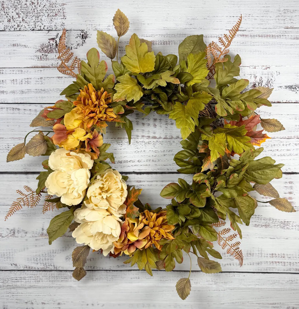 Cream Peony Fall Wreath | Cream, Olive Green & Warm Gold