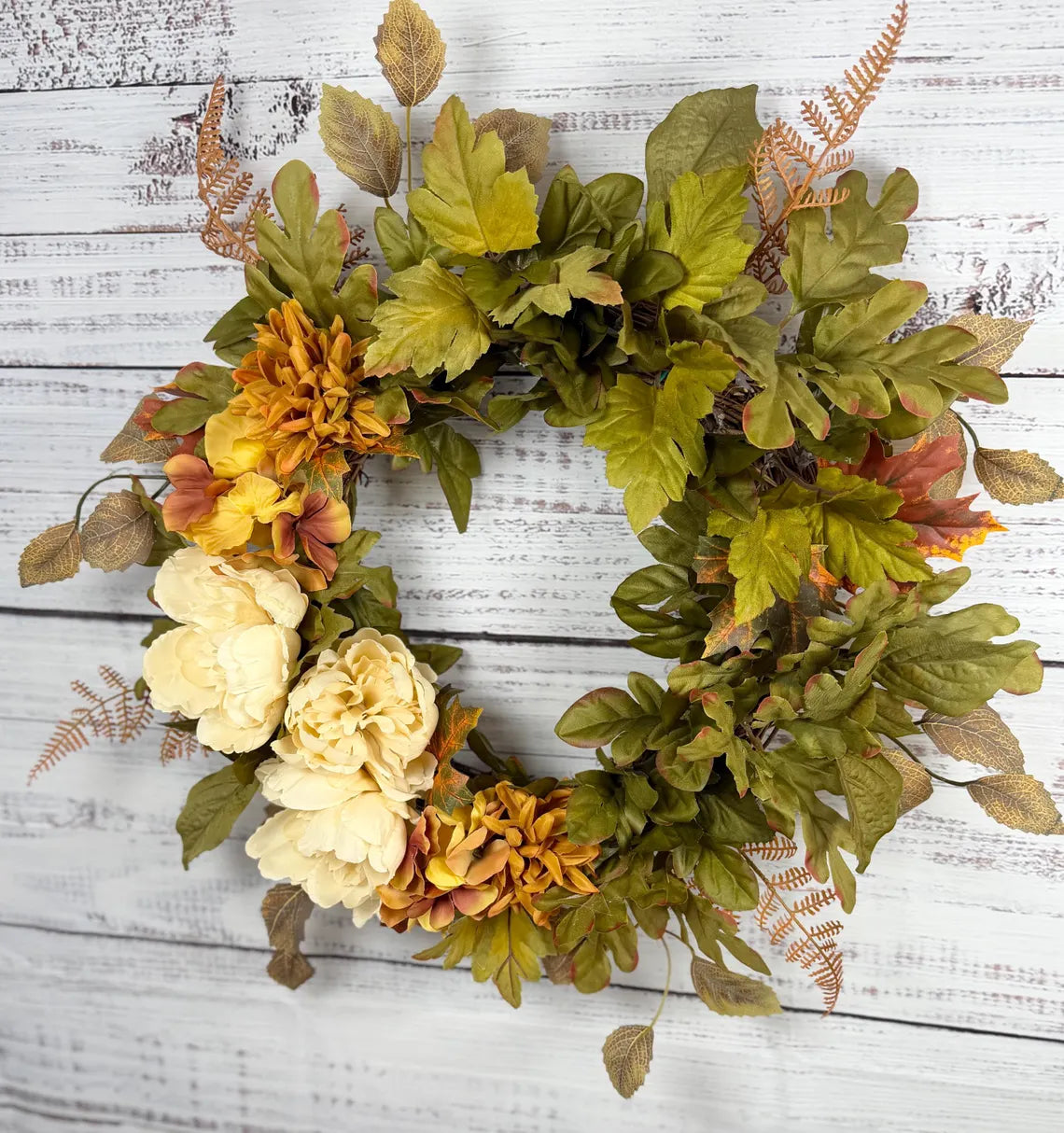 Cream Peony Fall Wreath | Cream, Olive Green & Warm Gold