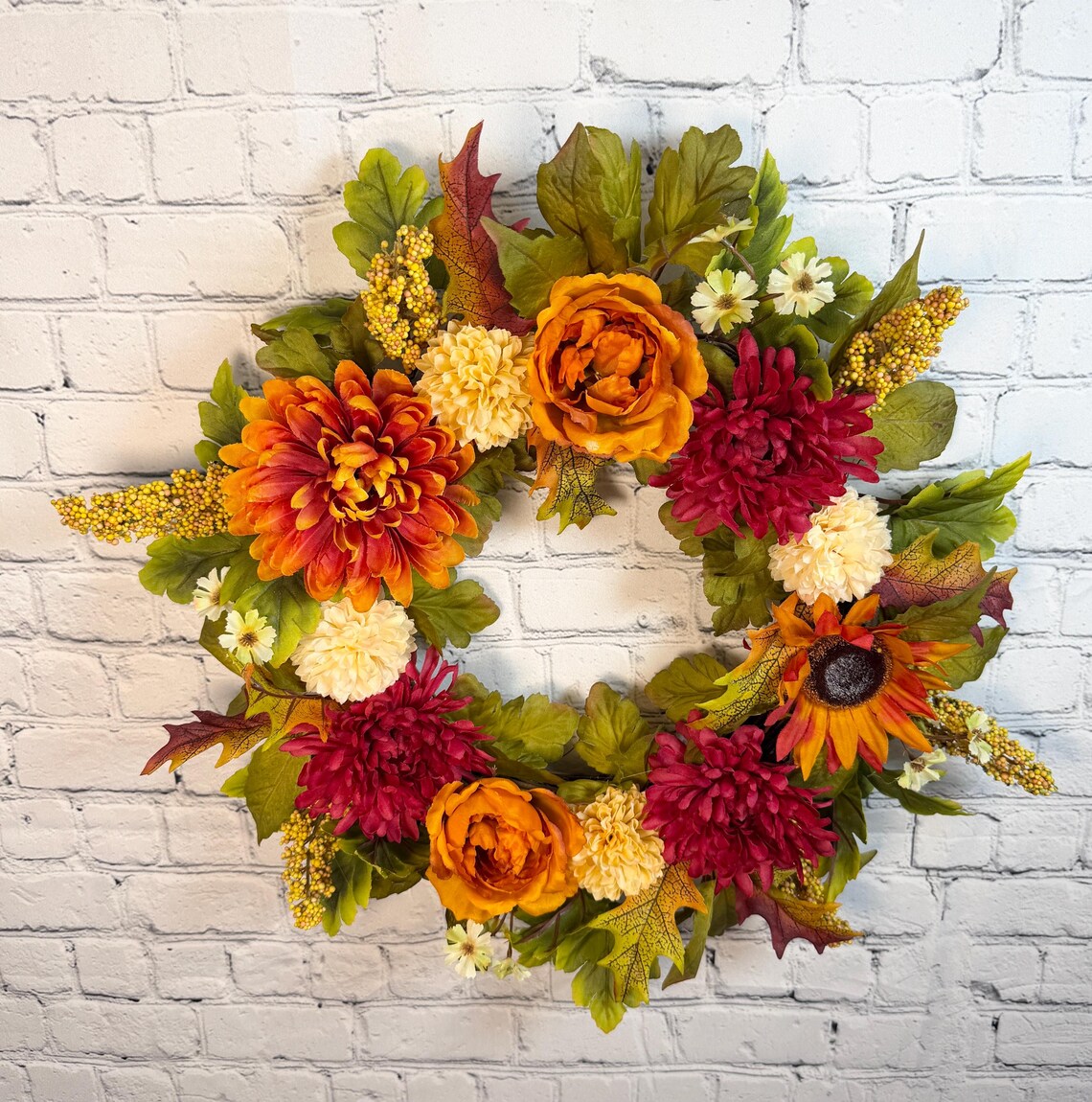 Burgundy Mum & Orange Rose Fall Wreath | Burgundy, Orange & Cream