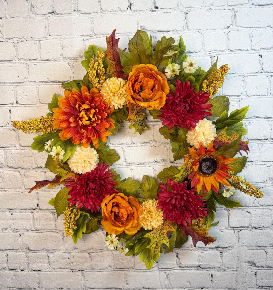 Burgundy Mum & Orange Rose Fall Wreath | Burgundy, Orange & Cream