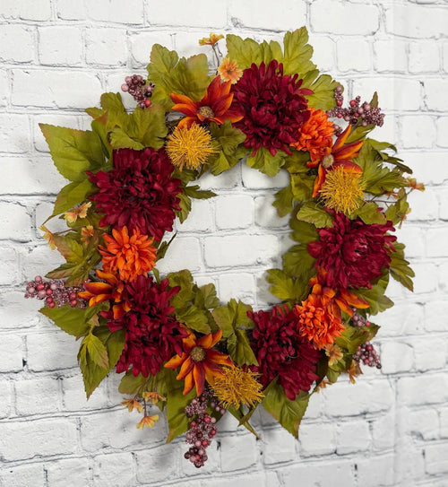 Burgundy Mum Fall Wreath | Burgundy, Orange & Olive Green