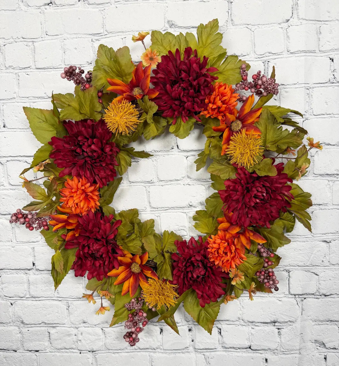 Burgundy Mum Fall Wreath | Burgundy, Orange & Olive Green