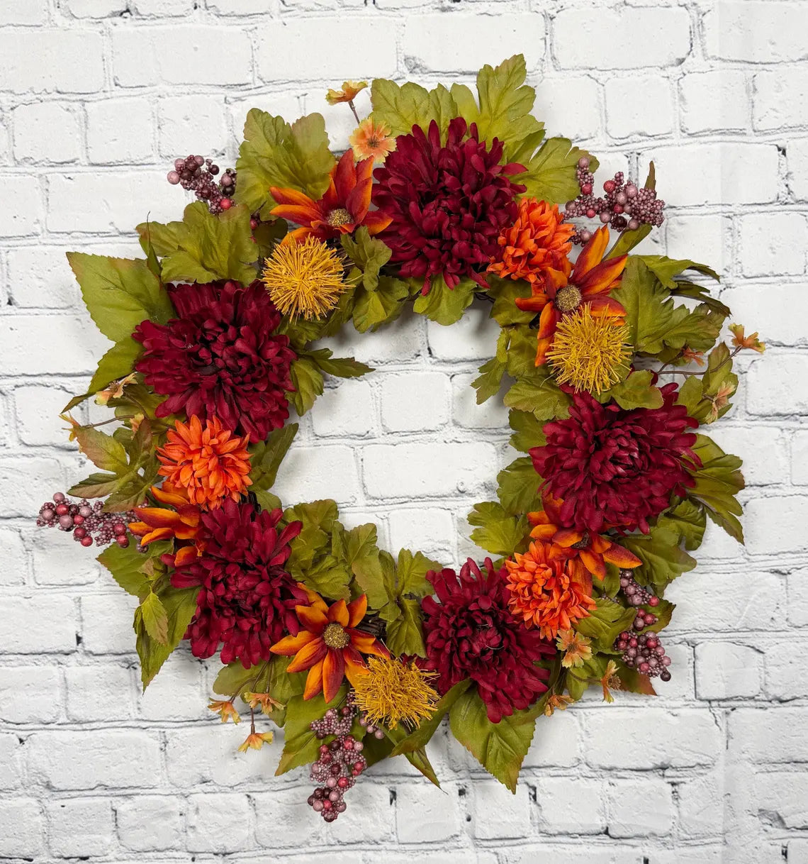 Burgundy Mum Fall Wreath | Burgundy, Orange & Olive Green