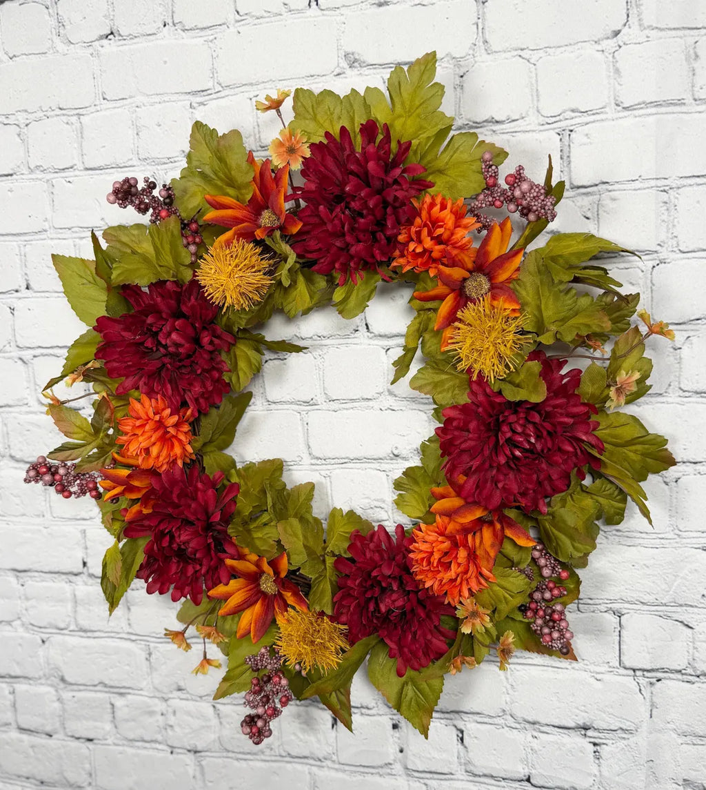 Burgundy Mum Fall Wreath | Burgundy, Orange & Olive Green