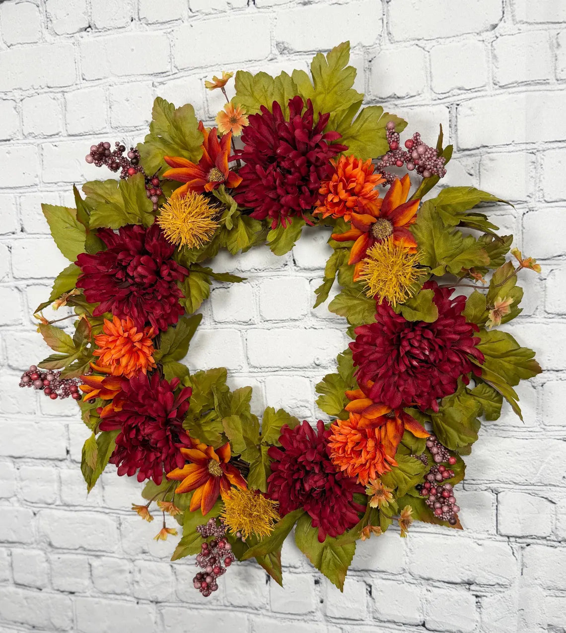 Burgundy Mum Fall Wreath | Burgundy, Orange & Olive Green