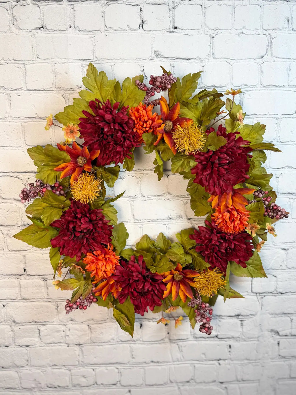 Burgundy Mum Fall Wreath | Burgundy, Orange & Olive Green
