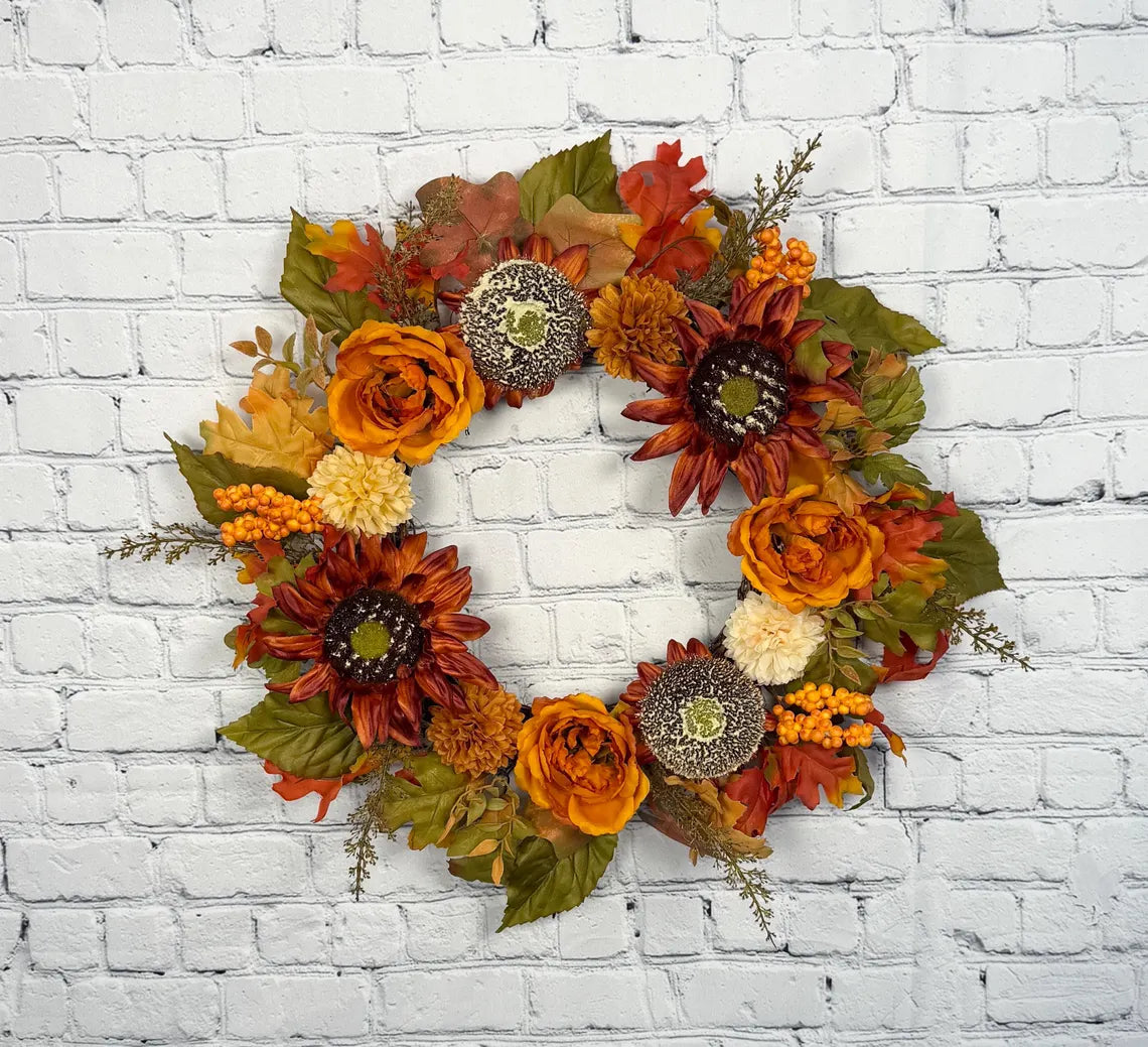 Burnt Orange Rose Fall Wreath | Orange, Rust & Olive Green
