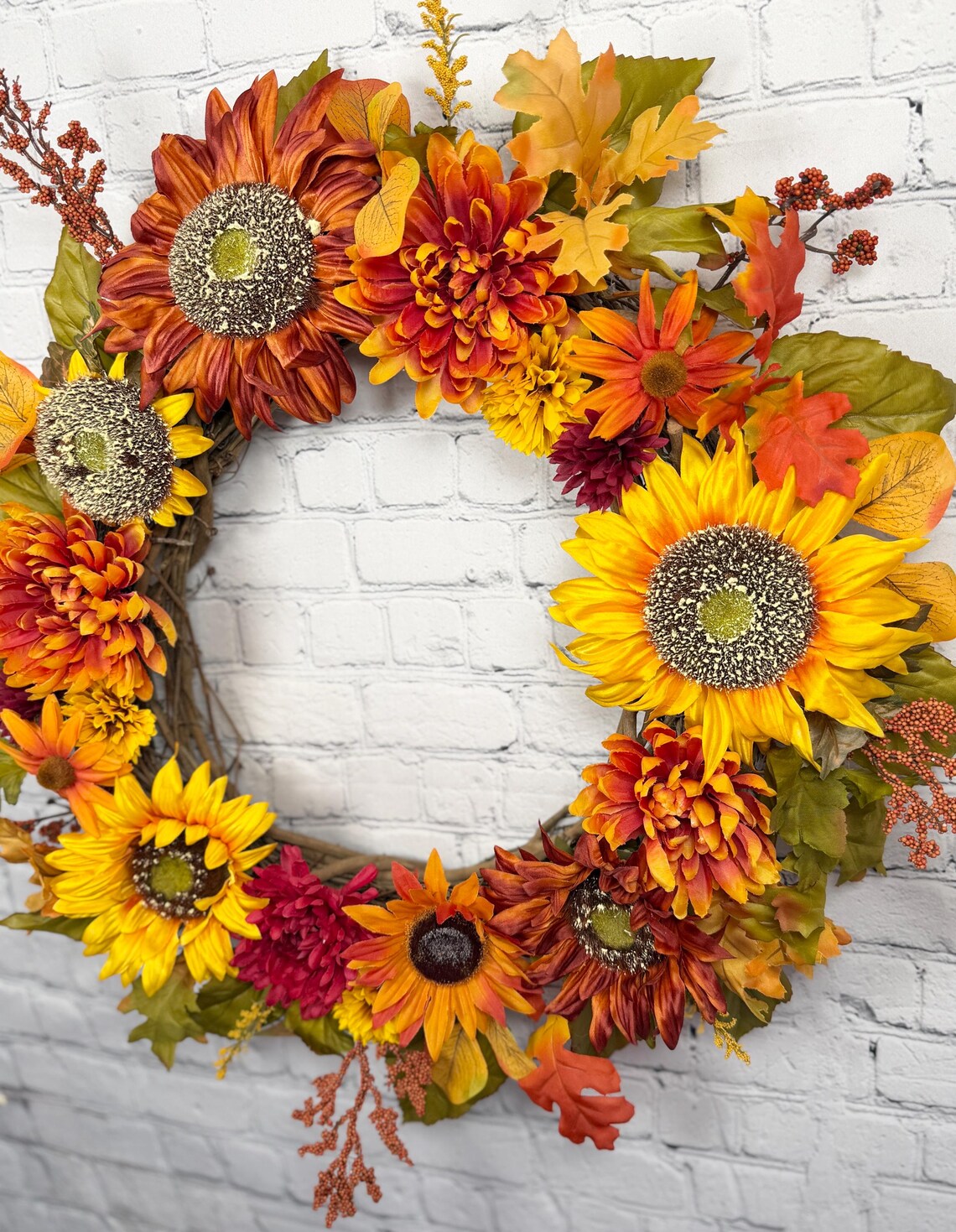 Sunflower Fall Floral Wreath | Orange, Yellow & Burgundy | 27" Round