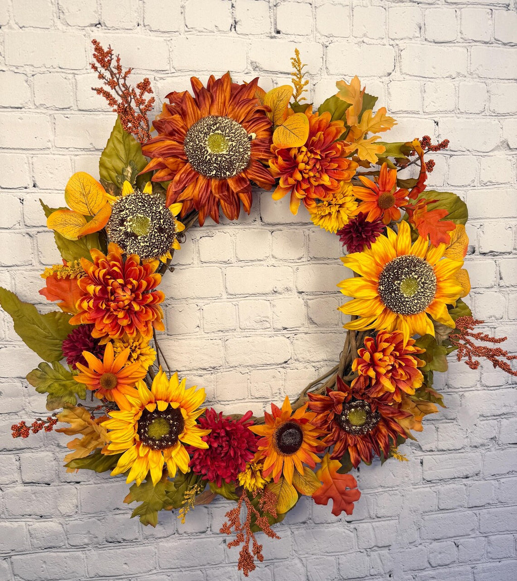 Sunflower Fall Floral Wreath | Orange, Yellow & Burgundy | 27" Round
