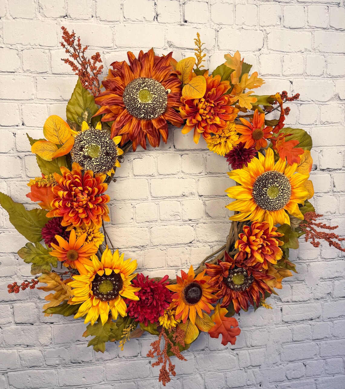 Sunflower Fall Floral Wreath | Orange, Yellow & Burgundy | 27" Round