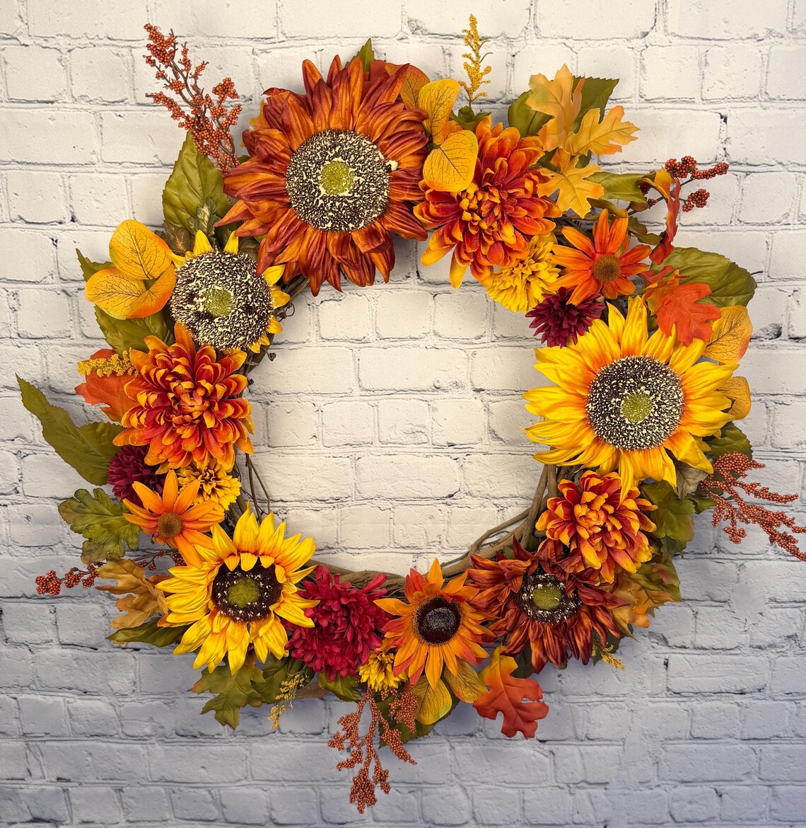 Sunflower Fall Floral Wreath | Orange, Yellow & Burgundy | 27" Round