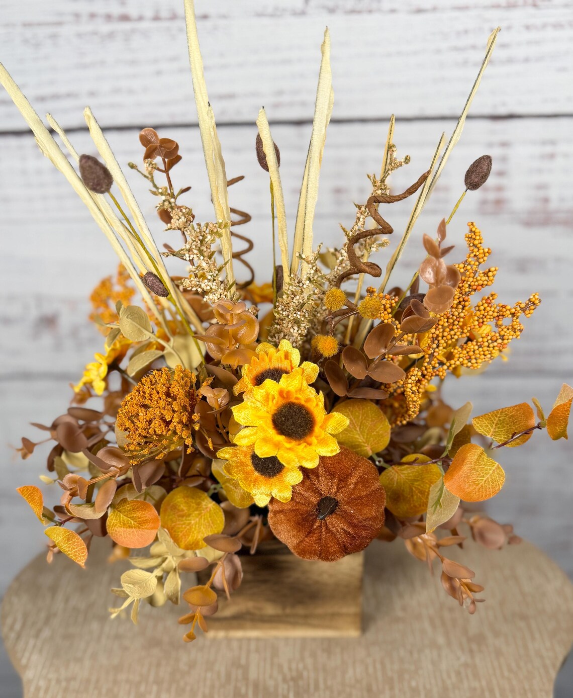Fall Floral Arrangement | Mustard Yellow, Gold & Brown | 14.5" Tall