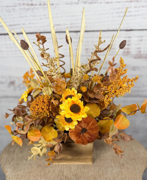 Fall Floral Arrangement | Mustard Yellow, Gold & Brown | 14.5" Tall