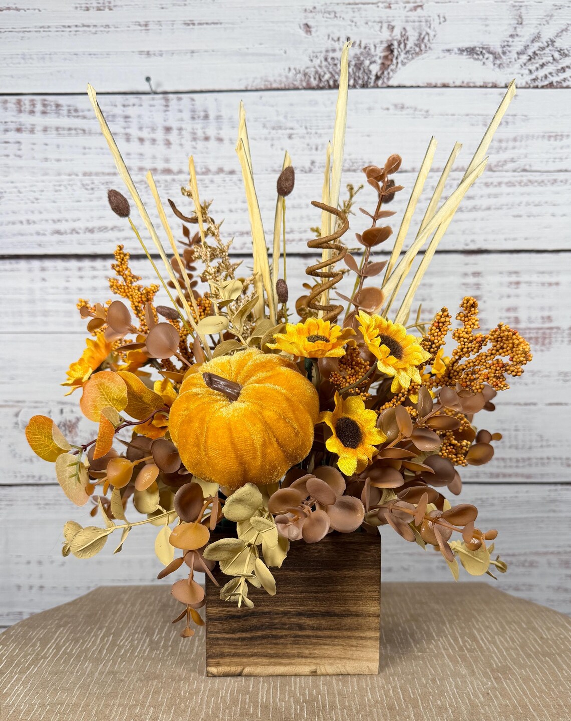 Fall Floral Arrangement | Mustard Yellow, Gold & Brown | 14.5" Tall