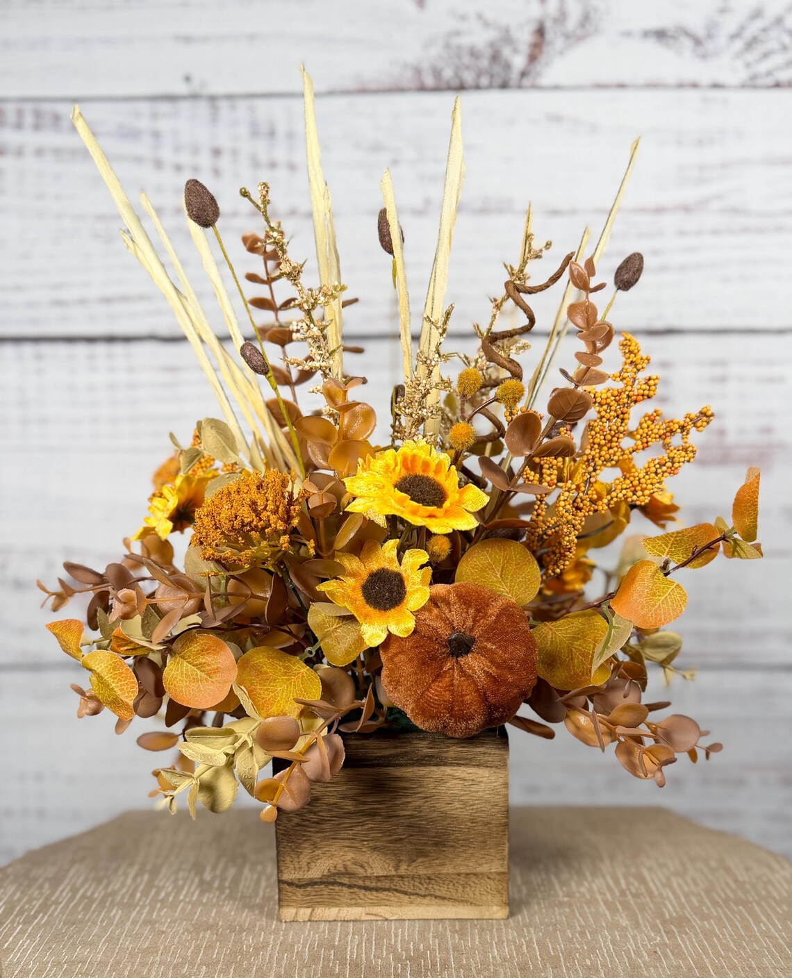 Fall Floral Arrangement | Mustard Yellow, Gold & Brown | 14.5" Tall