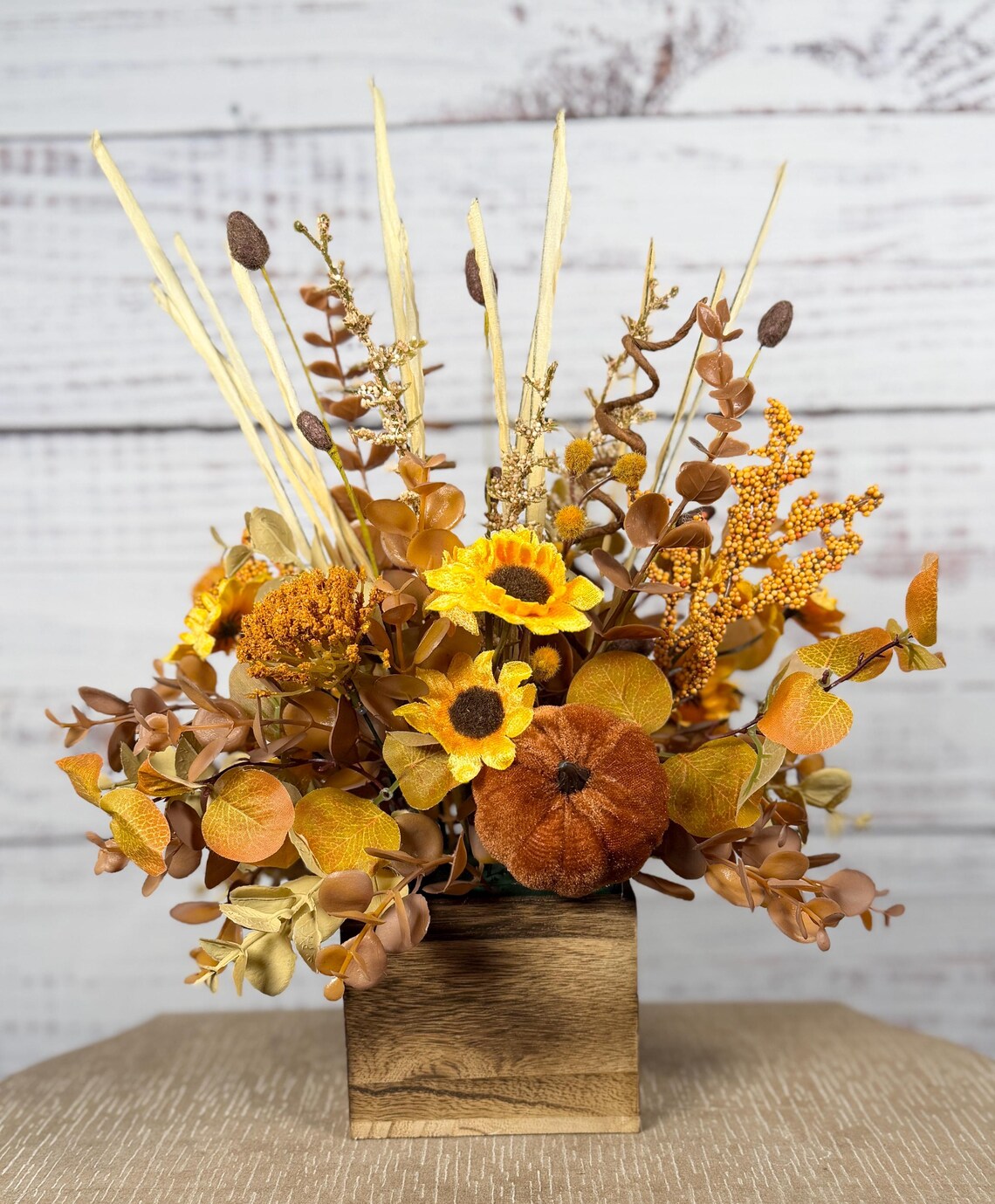 Golden Pumpkin Fall Arrangement | Mustard Yellow, Brown & Gold