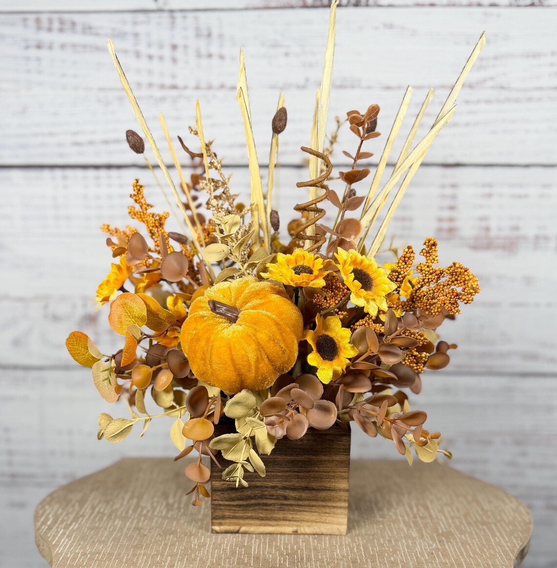 Golden Pumpkin Fall Arrangement | Mustard Yellow, Brown & Gold