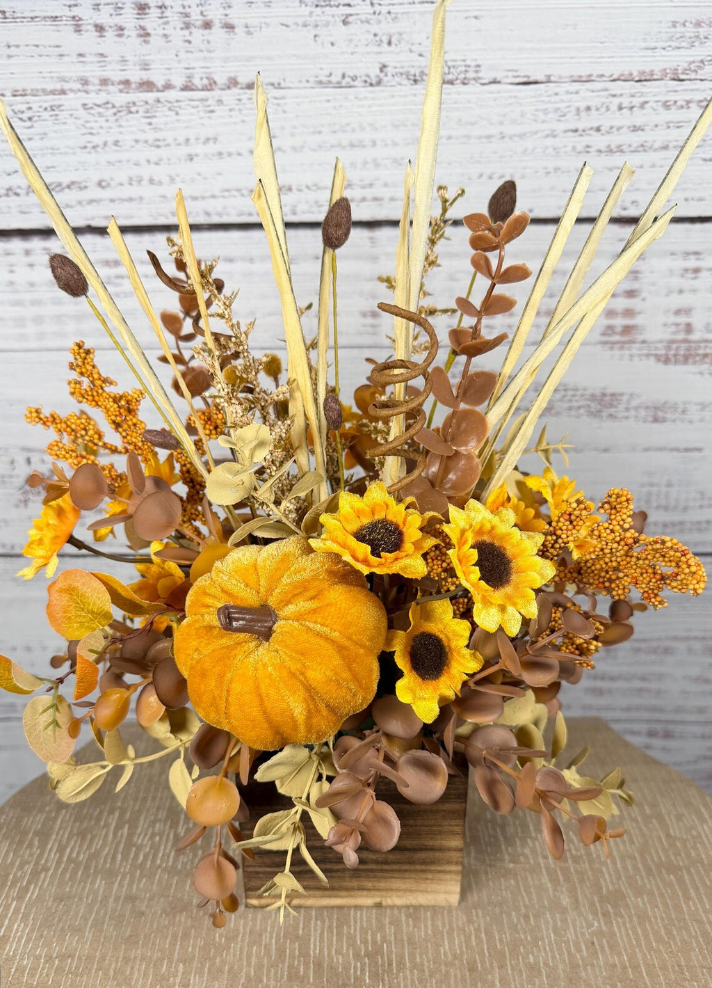 Golden Pumpkin Fall Arrangement | Mustard Yellow, Brown & Gold
