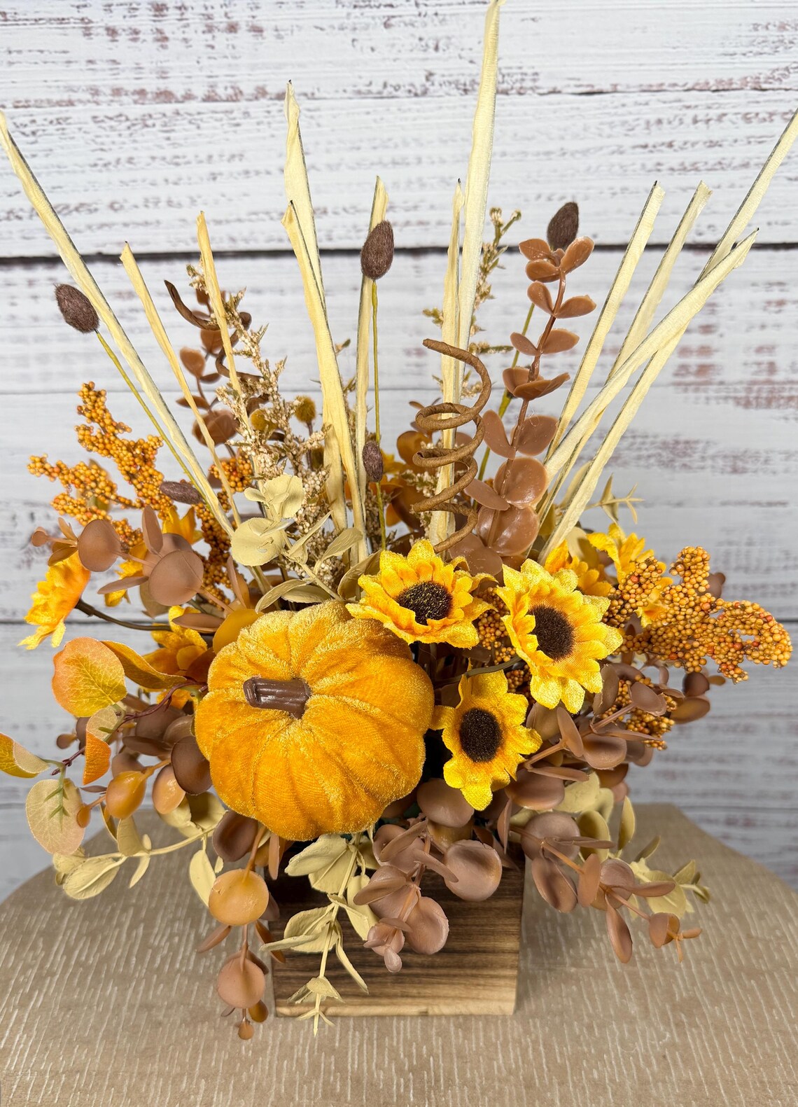Golden Pumpkin Fall Arrangement | Mustard Yellow, Brown & Gold