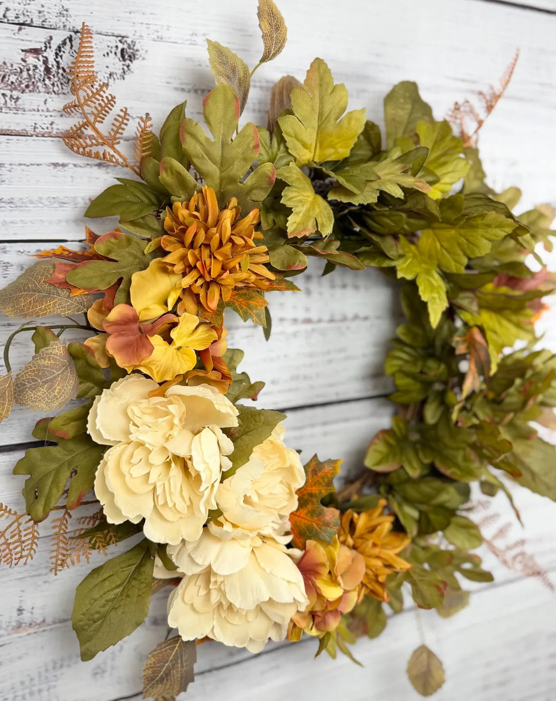 Cream Peony Fall Wreath | Cream, Olive Green & Warm Gold
