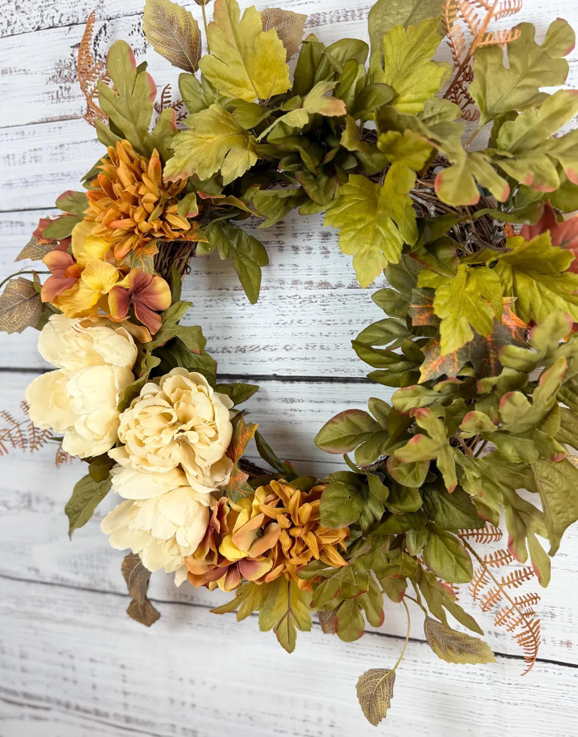 Cream Peony Fall Wreath | Cream, Olive Green & Warm Gold