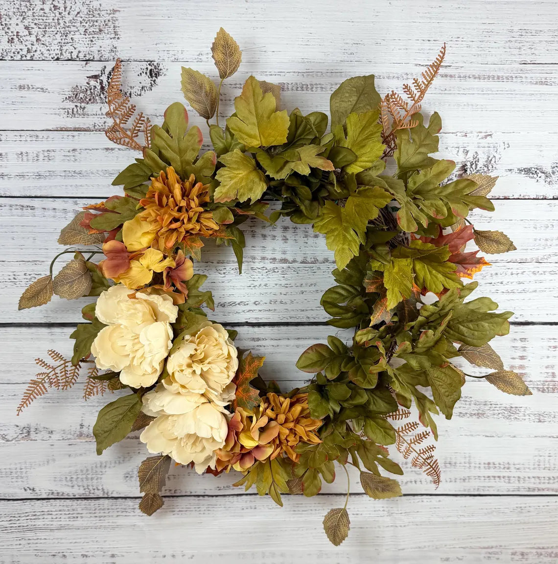 Cream Peony Fall Wreath | Cream, Olive Green & Warm Gold