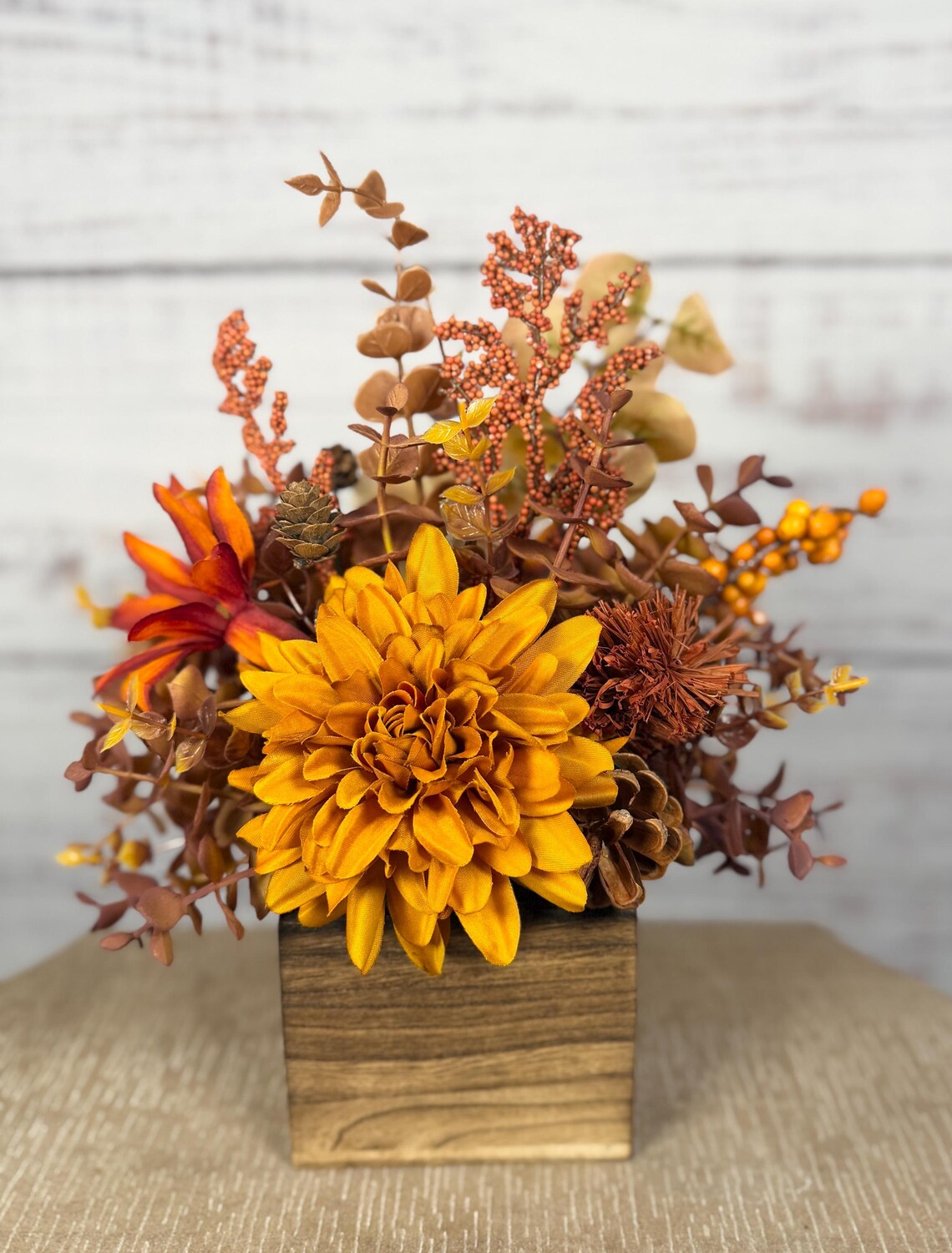 Fall Floral Arrangement | Mustard Yellow, Orange & Brown | 14" Tall