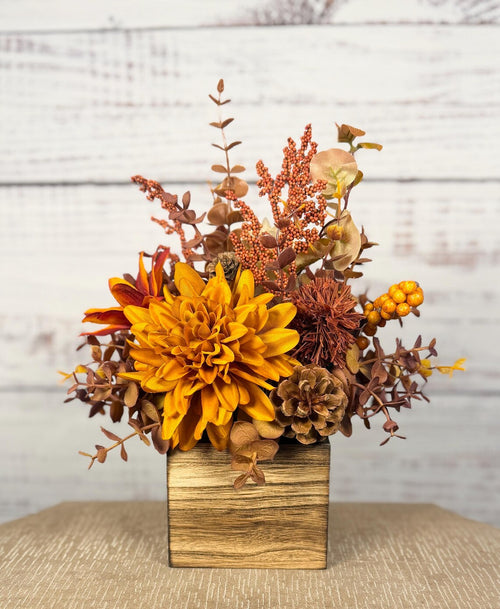Fall Floral Arrangement | Mustard Yellow, Orange & Brown | 12.5" Tall