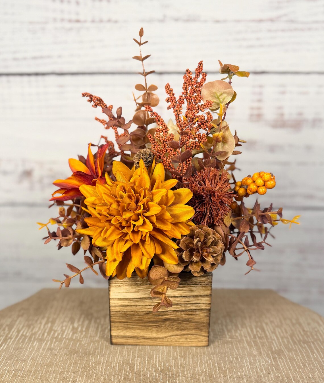 Fall Floral Arrangement | Mustard Yellow, Orange & Brown | 12.5" Tall