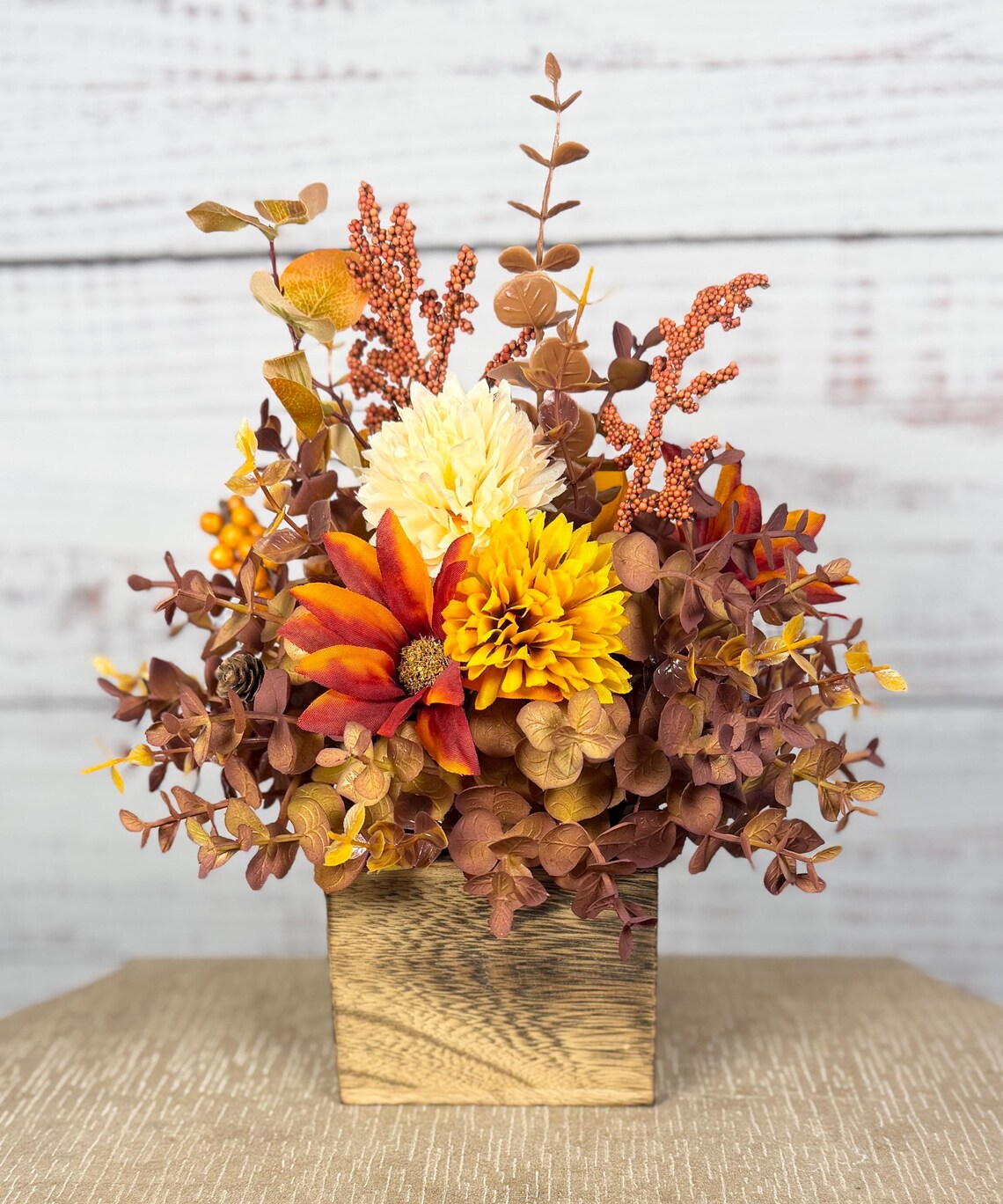 Fall Floral Arrangement | Mustard Yellow, Orange & Brown | 12.5" Tall