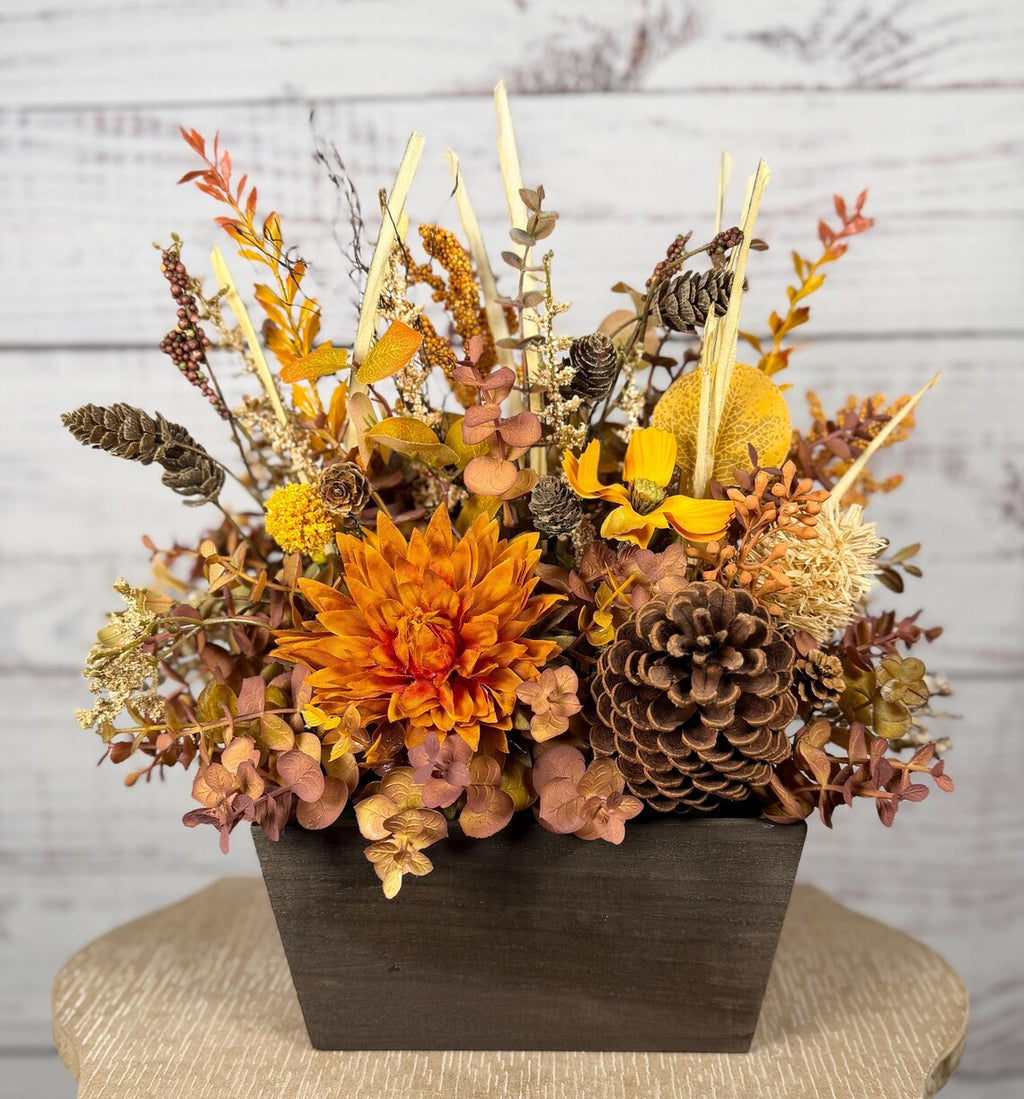 Rustic Orange Mum Fall Arrangement | Orange, Gold & Brown | 15" Tall