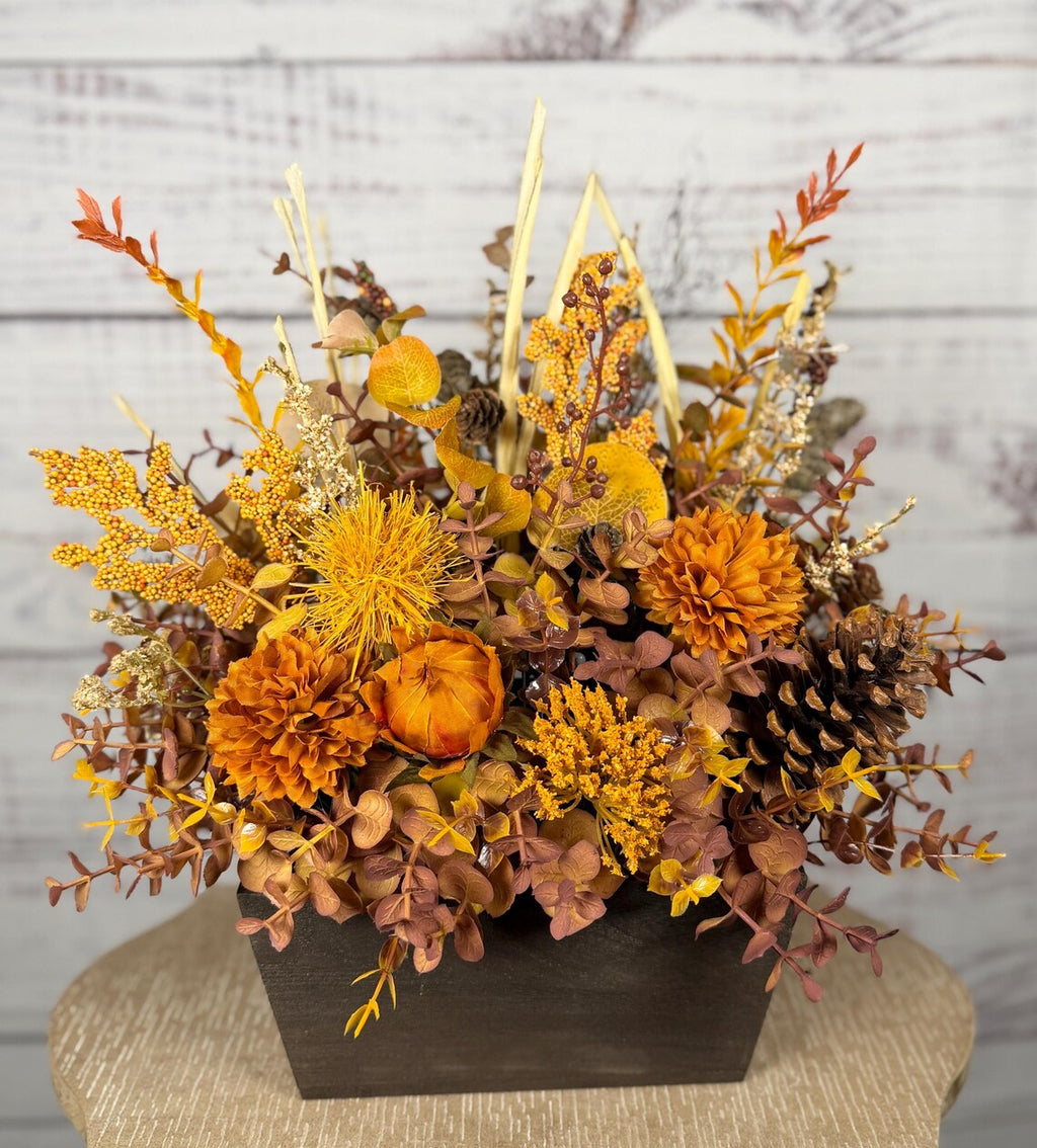 Rustic Orange Mum Fall Arrangement | Orange, Gold & Brown | 15" Tall