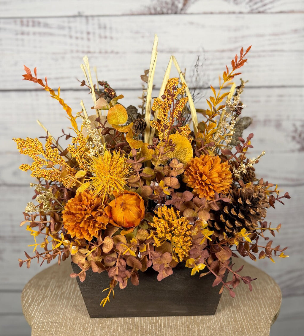 Rustic Orange Mum Fall Arrangement | Orange, Gold & Brown | 15" Tall