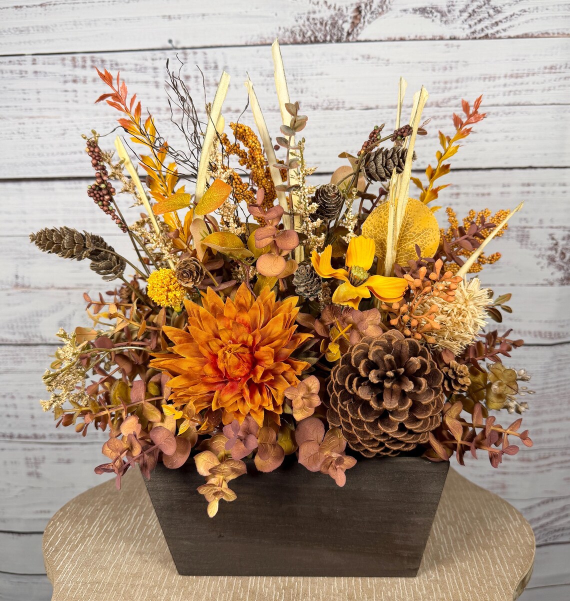 Rustic Orange Mum Fall Arrangement | Orange, Gold & Brown | 15" Tall