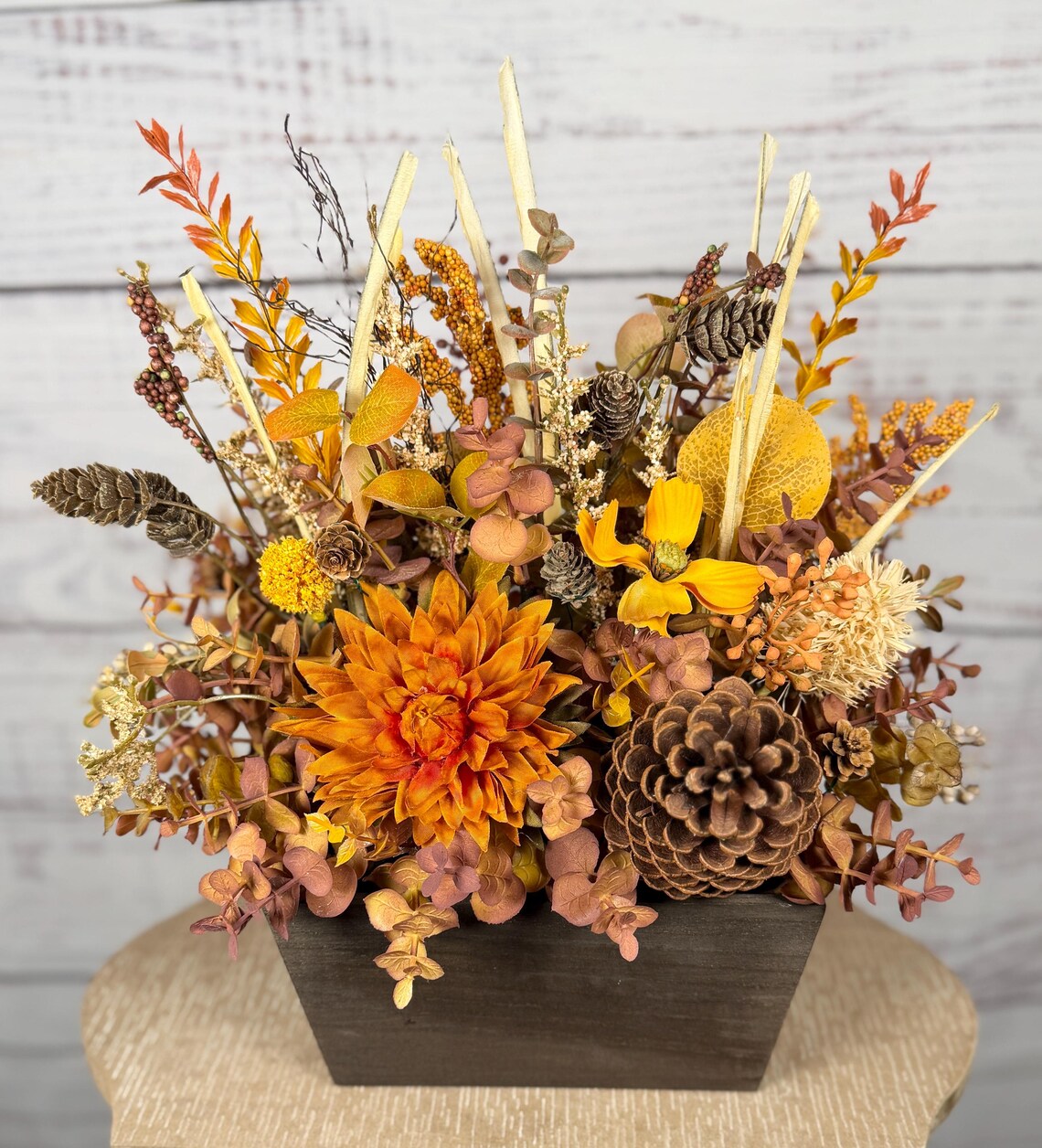 Rustic Orange Mum Fall Arrangement | Orange, Gold & Brown | 15" Tall