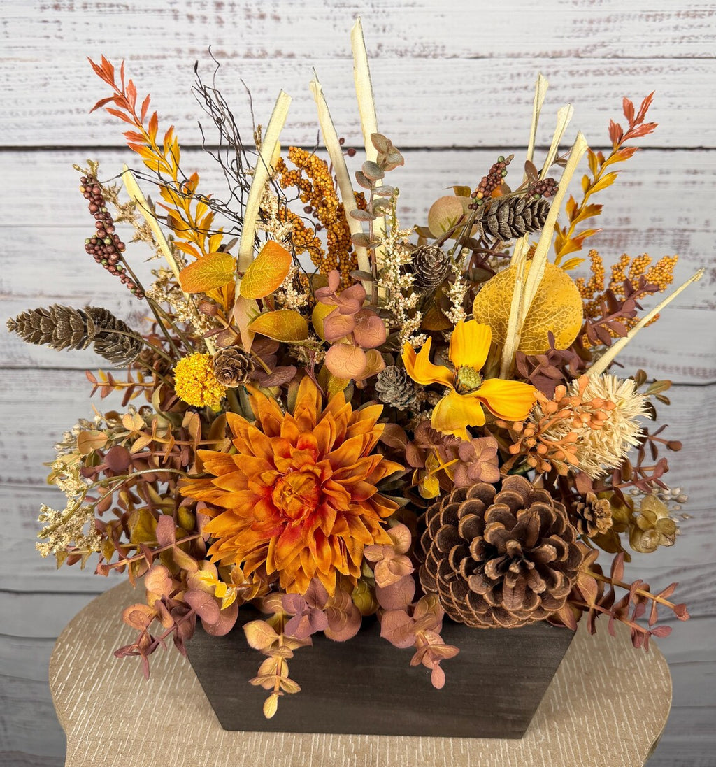 Rustic Orange Mum Fall Arrangement | Orange, Gold & Brown | 15" Tall
