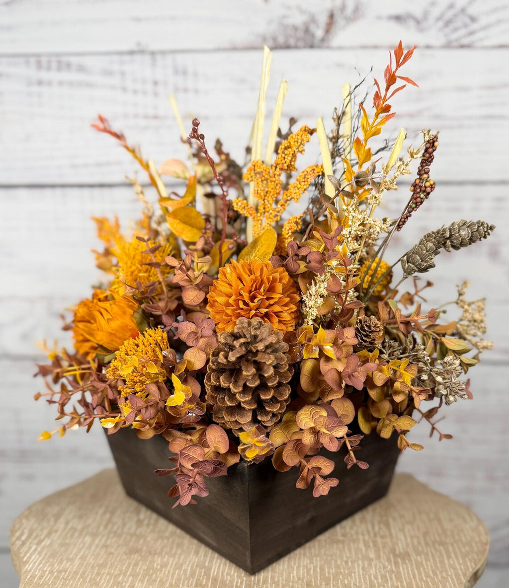 Rustic Orange Mum Fall Arrangement | Orange, Gold & Brown | 15" Tall
