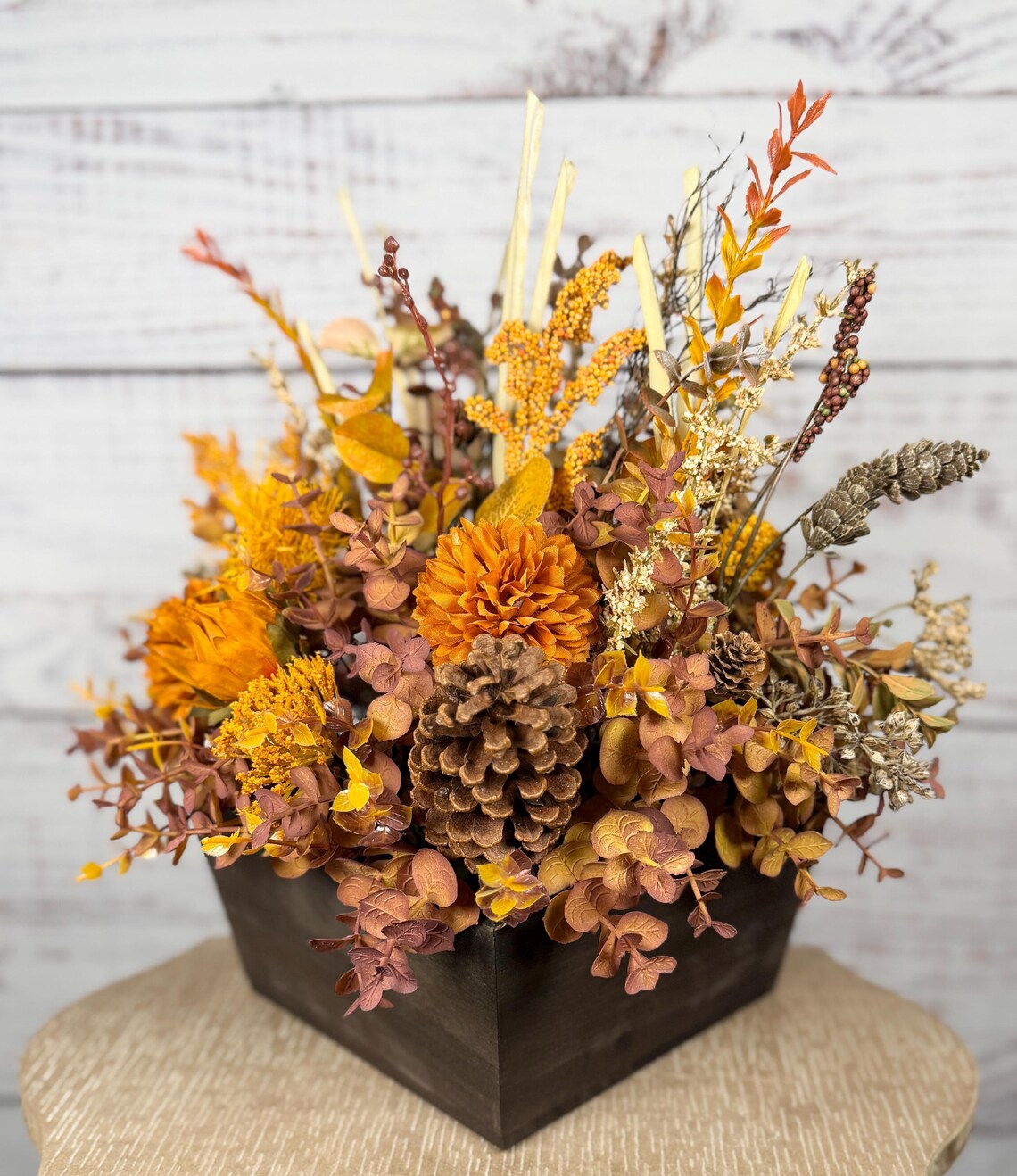 Rustic Orange Mum Fall Arrangement | Orange, Gold & Brown | 15" Tall
