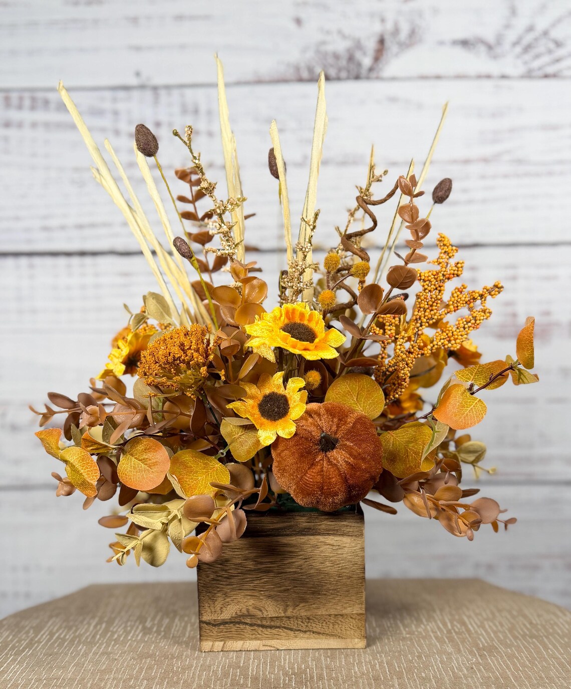 Golden Pumpkin Fall Arrangement | Mustard Yellow, Brown & Gold