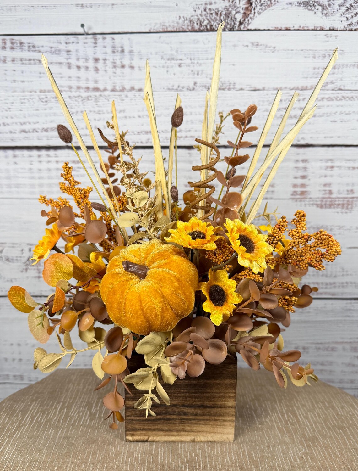 Golden Pumpkin Fall Arrangement | Mustard Yellow, Brown & Gold