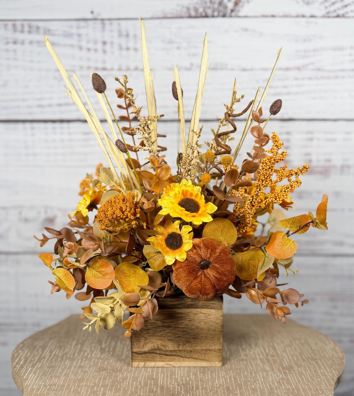 Golden Pumpkin Fall Arrangement | Mustard Yellow, Brown & Gold