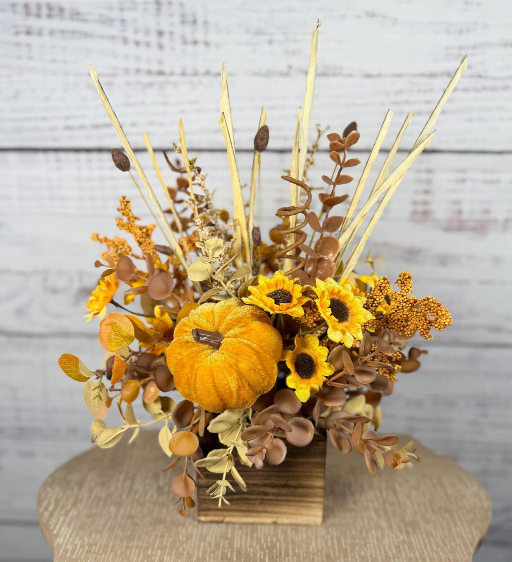 Golden Pumpkin Fall Arrangement | Mustard Yellow, Brown & Gold